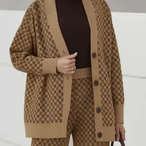 Casual Geometric Buttoned Cross Neck Cardigan, Cardigans, color:Brown|size:XXL, Stylewe