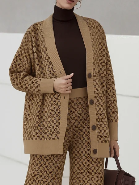 Casual Geometric Buttoned Cross Neck Cardigan, Cardigans, color:Brown|size:XXL, Stylewe