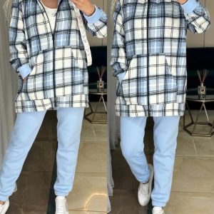 2 Pieces Outfit Plaid Print Zipper Up Kangaroo Pocket Hoodie Coat and Casual Elastic Waist Tapered Pants Set, women Two-piece Sets, ChicMe catalog
