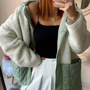 Faux Shearling Spliced Snap Button Front Drawstring Hoodie Jacket Casual Pockets Design Side Slit Loose Warm Coat, women Jackets & Coats, ChicMe catalog