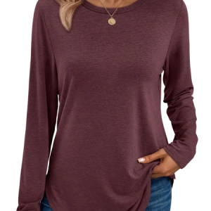 Women Plain Color Long Sleeve Tee T-shirt Crew Neck Printing Casual Spring/Fall Graphic Tee Top, JustFashionNow T-Shirts, color:Burgundy|size:XXL,