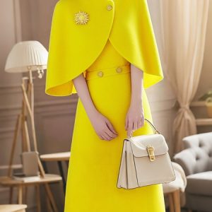Elegant Plain Buttoned Stand Collar Knee Length Sweater Dress With Brooch, Mini Dresses, color:Yellow|size:XXL, Stylewe