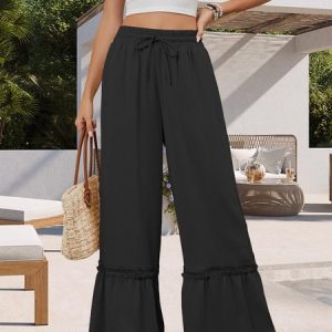 Women Plain Long Elastic Waist Pants Casual Spring/Fall Trousers, JustFashionNow Pants, color:Black|size:3XL,