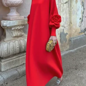 Elegant Plain Balloon Sleeve 3D Floral Turtleneck Maxi Sweater Dress, Maxi Dresses, color:Red|size:XXL, Stylewe