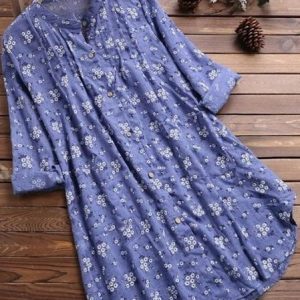 Women Floral Long Sleeve Shirt Spring/Fall Printing Stand Collar Daily Casual Top, JustFashionNow Blouses, color:Blue|size:5XL,