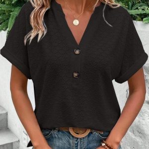 Casual Plain V Neck Short Sleeve T-shirt, Blouses, color:Black|size:3XL, catalog Noracora shop