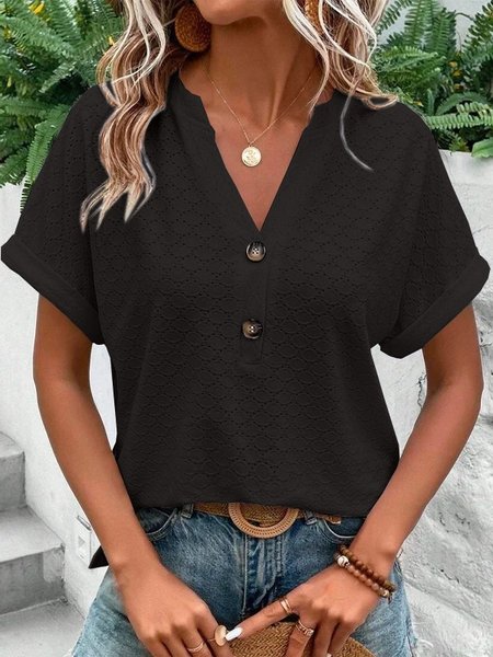 Women Plain Short Sleeve Tee T-shirt V Neck Hollow Out Casual Summer Top, JustFashionNow T-Shirts, color:Black|size:3XL,
