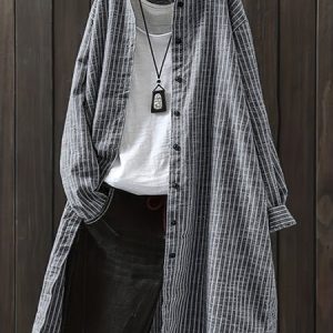 Women Striped Long Sleeve Shirt Spring/Fall Printing Stand Collar Daily Casual Top, JustFashionNow Blouses, color:Black|size:XXL,