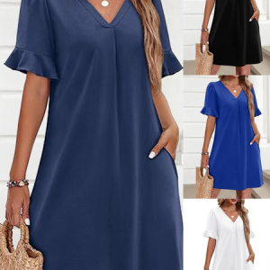 Women Plain Summer Dress V Neck Short Sleeve Fit & Flare Dress A-Line Dress, Dresses, color:Deep Blue|size:4XL, catalog Noracora shop