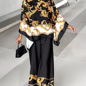 2 Pieces Outfit Baroque Print Batwing Sleeve Loose Top and Casual Elastic Waist Straight Leg Pants Set, women Two-piece Sets, ChicMe catalog