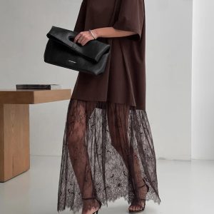 Short Sleeve Round Neck Lace Hem T-Shirt Dress Caual Loose Fit Maxi Dress, women Casual Dresses, ChicMe catalog