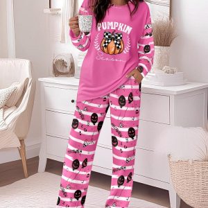 2 Pieces Outfit Pumpkin & Bowknot Print Long Sleeve Drop Shoulder Top and Striped & Halloween Print Elastic Waist Pants Set Casual Pajamas Set, women Pajamas Sets, ChicMe catalog