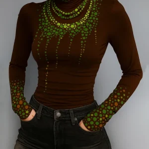 Casual Abstract Polka Dots Printing Turtleneck T-shirt, Tees, color:Brown|size:XXL, Stylewe