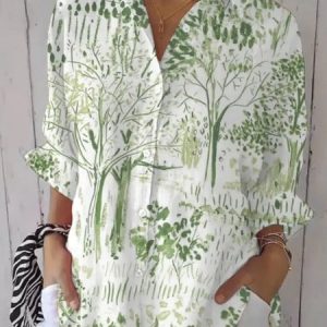 Women's Casual Retro Forest Print Cotton Linen Shirt, Shirts, color:White|size:4XL, catalog Noracora shop