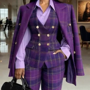 Urban Plaid Buttoned Lapel Blazer, Blazers, color:Purple|size:XXL, Stylewe