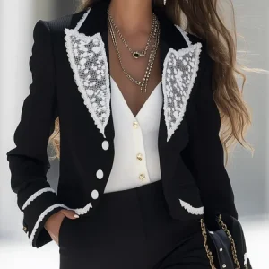 Urban Lace Color Block Lapel Collar Blazer, Blazers, color:Black-white|size:XXL, Stylewe