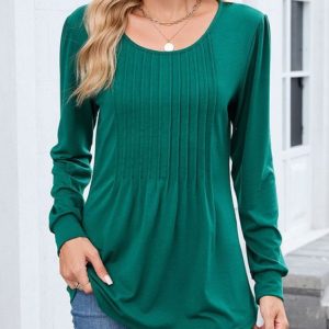 Casual Plain Crew Neck Long Sleeve T-shirt, T-shirts, color:Dark Green|size:XXL, catalog Noracora shop