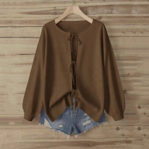 Casual Plain Crew Neck Long Sleeve T-shirt, Sweaters, color:Deep Brown|size:XXL, catalog Noracora shop