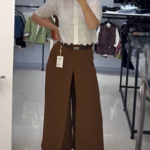 Elastic Back Waist Wide Leg Slit Faux Two-Piece Casual Pants without Belt, women Pants, ChicMe catalog