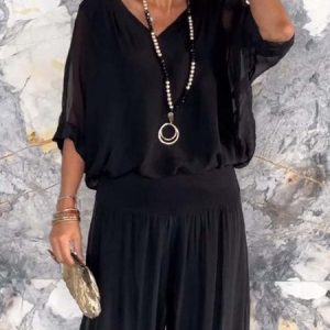 Women Plain Split Joint Two-Piece Set Daily Half Sleeve Casual Summer Top With Pants Matching Set, Leggings, color:Black|size:5XL, catalog Noracora shop