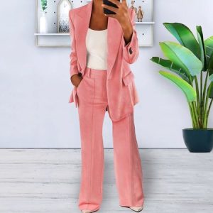 Women Plain Split Joint Two-Piece Set Daily Long Sleeve Casual Spring/Fall Coat With Pants Matching Set, JustFashionNow Suit Set, color:Pink|size:5XL,