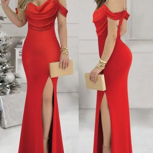 Cold Shoulder Pearls Strap Cowl Neck Evening Bodycon Dress Elegant High Slit Fishtail Maxi Dress, women Night Dresses, ChicMe catalog