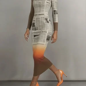 Elegant Newspaper Printing Boat Neck Maxi Dress, Maxi Dresses, color:Brown|size:XXL, Stylewe