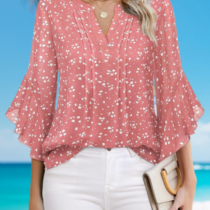 Women Plain Three Quarter Sleeve Shirt Spring/Fall Printing V Neck Ruffle Sleeve Daily Casual Top, JustFashionNow Blouses, color:Pink|size:XXL,
