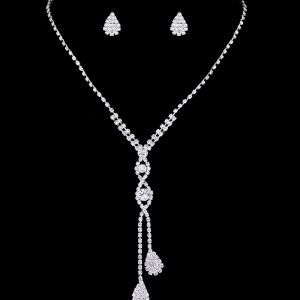 2pcs Rhinestone Teardrop Earrings & Tassel Pendant Necklace Wedding Bridal Jewelry Set, women Earrings, ChicMe catalog