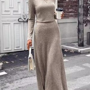 Women Plain Split Joint Two-Piece Set Daily Long Sleeve Casual Spring/Fall Top With Skirt Matching Set, JustFashionNow Suit Set, color:Coffee|size:L,