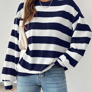 Women Striped Crew Neck Printing Casual Spring/Fall Long Sleeve Sweatshirt, JustFashionNow Sweatshirts & Hoodies, color:Navy Blue|size:XXL,