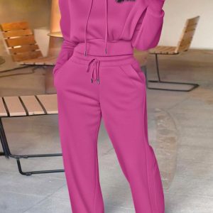 2 Pieces Outfit Long Sleeve Crop Drawstring Hoodie Sweatshirt with Thumb Hole Cuffs and Casual Drawstring Elastic Waist Wide Leg Sweatpants Set, women Two-piece Sets, ChicMe catalog