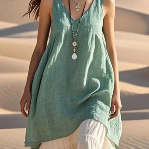 V Neck Sleeveless Plain Pullover Lightweight Loose Blouse For Women, Blouses, color:Aqua|size:3XL, catalog Noracora shop