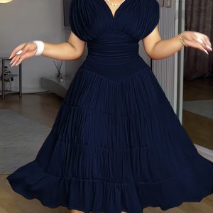 Textured V Neck Sleeveless Ruched Ruffles Hem Dress Casual Waist A Line Party Midi Dress, women Midi Dresses, ChicMe catalog