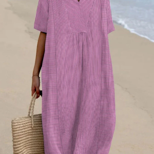 Women Striped Summer Dress Crew Neck Short Sleeve A-Line Dress, Dresses, color:Purple|size:4XL, catalog Noracora shop
