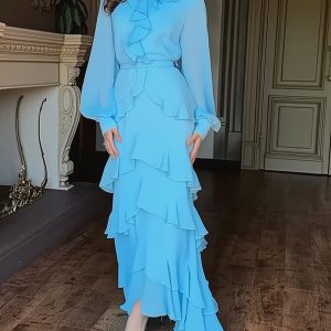 French Style Rhinestone Decor Ruffles Round Neck Lantern Sleeve Asymmetrical Hem Dress Zipper Back Layered Ruffle Hem Chiffon Evening Dress with Belt, women Maxi Dresses, ChicMe catalog