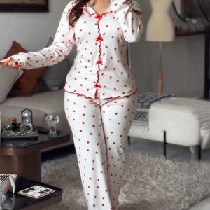 2 Pieces Outfit Bowknot Decor Turn-down Collar V-Neck Top and Elastic Waist Slit Hem Pants Set Casual Strawberry Print Frill Trim Ribbed Pajamas Set, women Pajamas Sets, ChicMe catalog
