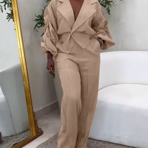 2 Pieces Outfit Notched Collar Double Breasted Ruched Lantern Sleeve Top and Casual Elastic Waist Wide Leg Pants Set, women Two-piece Sets, ChicMe catalog