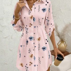 Women Floral Spring/Fall Dress Shirt Collar Long Sleeve A-Line Dress, Dresses, color:Pink|size:XXL, catalog Noracora shop