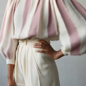 Casual Color Block Ruched Boat Neck Puff Sleeve Sweater, Pullovers, color:Pink-white|size:XXL, Stylewe