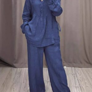 Women Plain Two-Piece Set Daily Long Sleeve Casual Spring/Fall Top With Pants Matching Set, Sets, color:Deep Blue|size:5XL, catalog Noracora shop