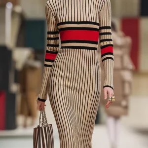 Urban Striped Stand Collar Sweater Midi Dress, Midi Dresses, color:Khaki|size:XXL, Stylewe