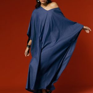 V Neck Plain Casual Faux Denim Maxi Dress With No Belt, Maxi Dresses, color:Blue|size:XXL, Stylewe