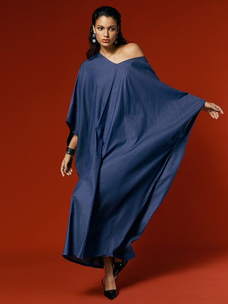 V Neck Plain Casual Faux Denim Maxi Dress With No Belt, Maxi Dresses, color:Blue|size:XXL, Stylewe