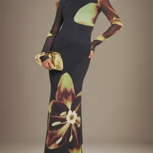 Urban Floral  Printing Crew Neck Maxi Dress, Maxi Dresses, color:Black|size:XXL, Stylewe