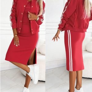 3 Pieces Outfit Sporty Striped Long Sleeve Baseball Coat and Ribbed Knit Tank with Slim Fit Slit Skirt Set, women Two-piece Sets, ChicMe catalog