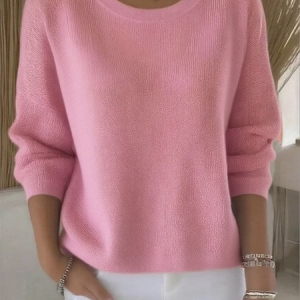 Women Plain Spring/Fall Vintage Long Sleeve Crew Neck Cotton Sweater, JustFashionNow Sweaters, color:Pink|size:4XL,