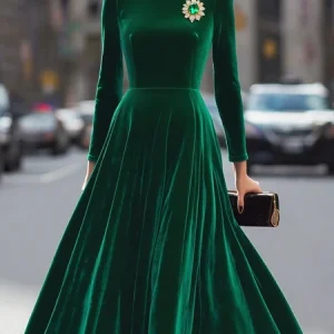 Elegant Plain Velvet Stand Collar Midi Dress With Brooch, Midi Dresses, color:Green|size:XXL, Stylewe