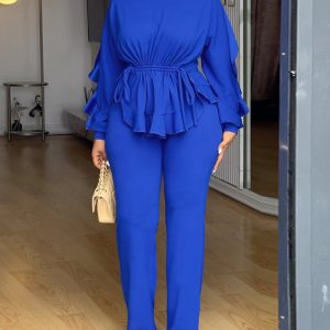 2 Pieces Outfit Round Neck Long Sleeve Ruffles Drawstring Top and Casual Slim Fit Pants Set, women Two-piece Sets, ChicMe catalog