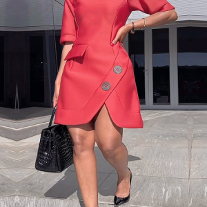 Elegant Side Split Crew Neck Dress, Mini Dresses, color:Red|size:XXL, Stylewe